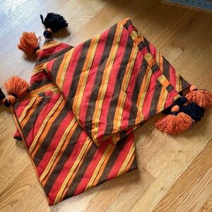 Vintage MCM 70s woven fabric, pleated, striped cushion covers w tassels